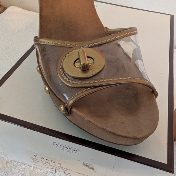 Coach Cagney Clear Bronze Gold Wooden Sz.7.5 Platform Slip-On Heels - Picture 13 of 13